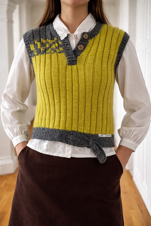 Lolland Strikker Diva Vest Organic Mohair Grå/Lime Str. 38 – Danskproduceret