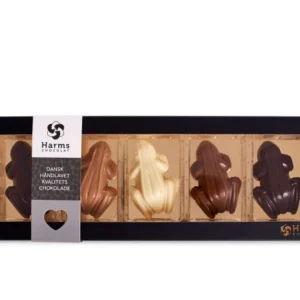 GAVEÆSKE M. 5 STK FYLDTE CHOKOLADEFRØER, mørk æske