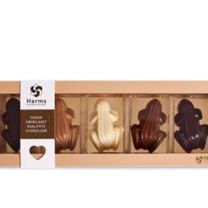 GAVEÆSKE M. 5 STK FYLDTE CHOKOLADEFRØER, lys æske